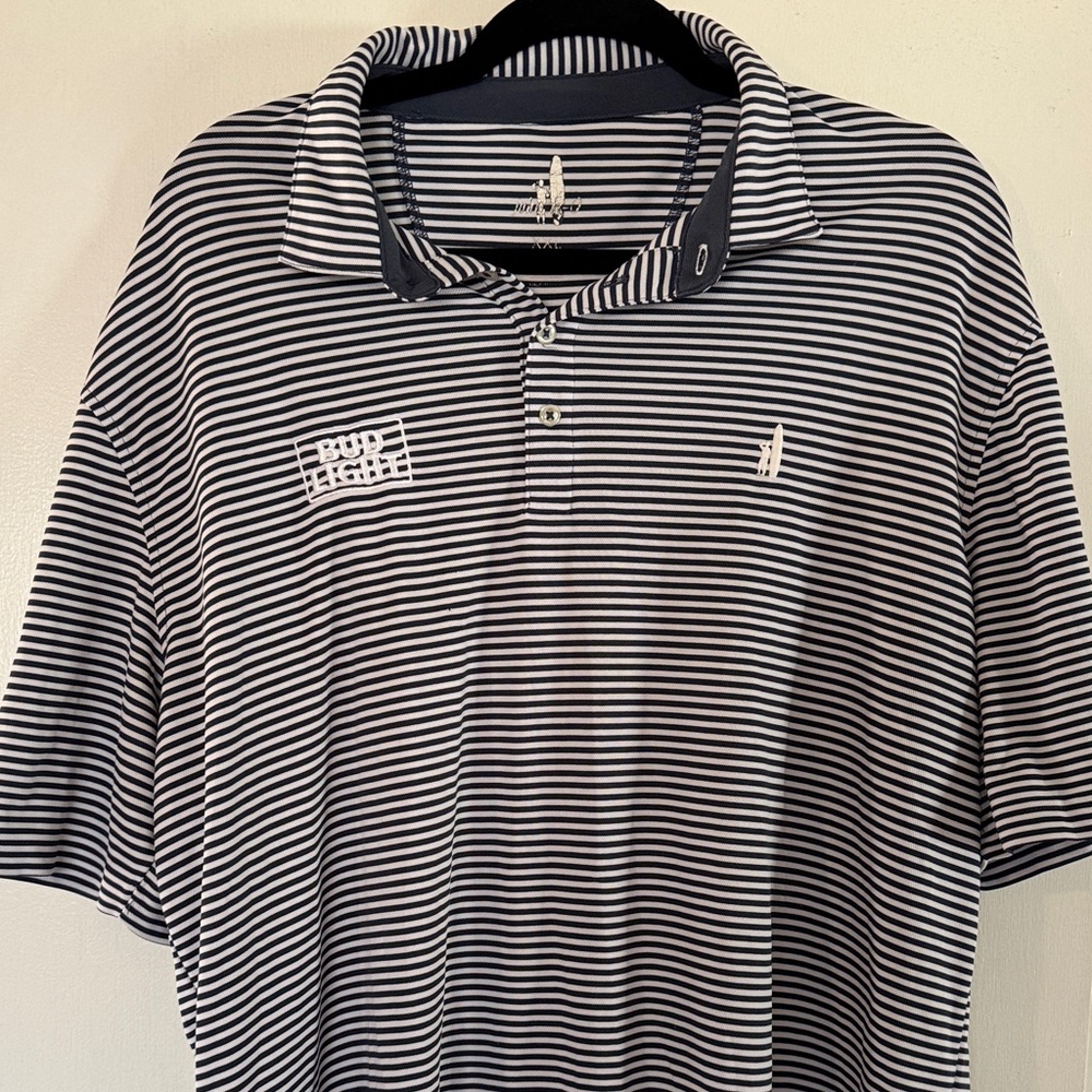 Johnnie-o blue and white striped bud light polo